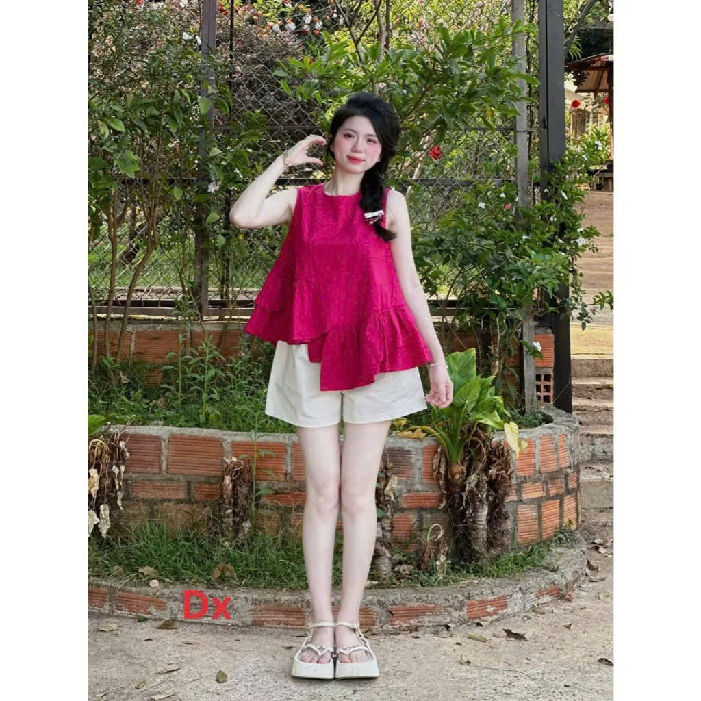 [Luna chọn] Set bộ thời trang nữ phong cách trẻ trung xinh tươi chất áo cotton hàn thiết kế sát tay cổ tròn bèo phối quầ
