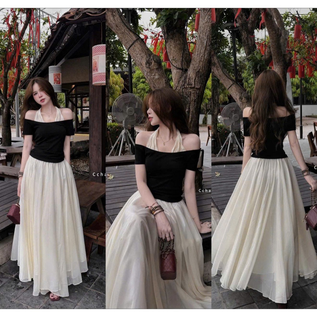 [Luna chọn] Set váy nữ công chúa áo đen phối chân váy trắng voan mềm mại dáng dài mặc đi chơi dạo phố cực trendy