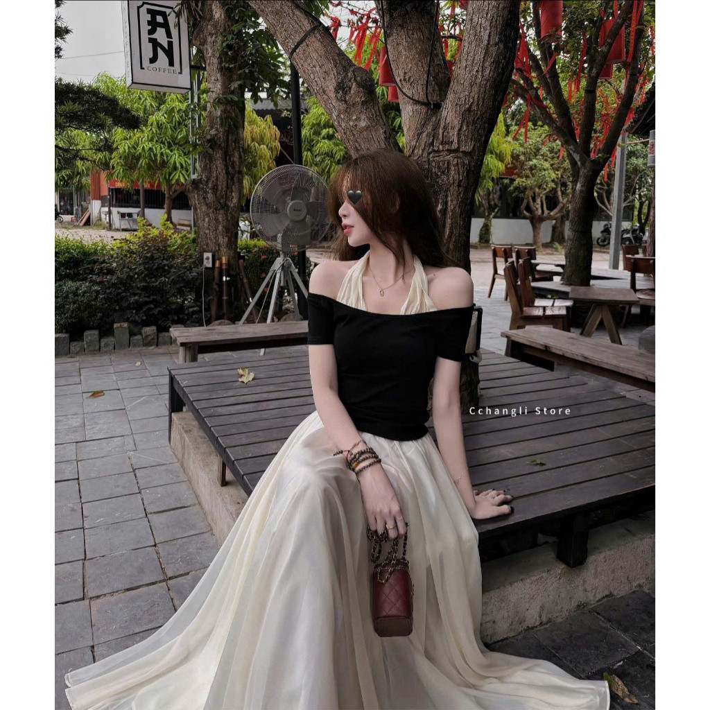 [Luna chọn] Set váy nữ công chúa áo đen phối chân váy trắng voan mềm mại dáng dài mặc đi chơi dạo phố cực trendy