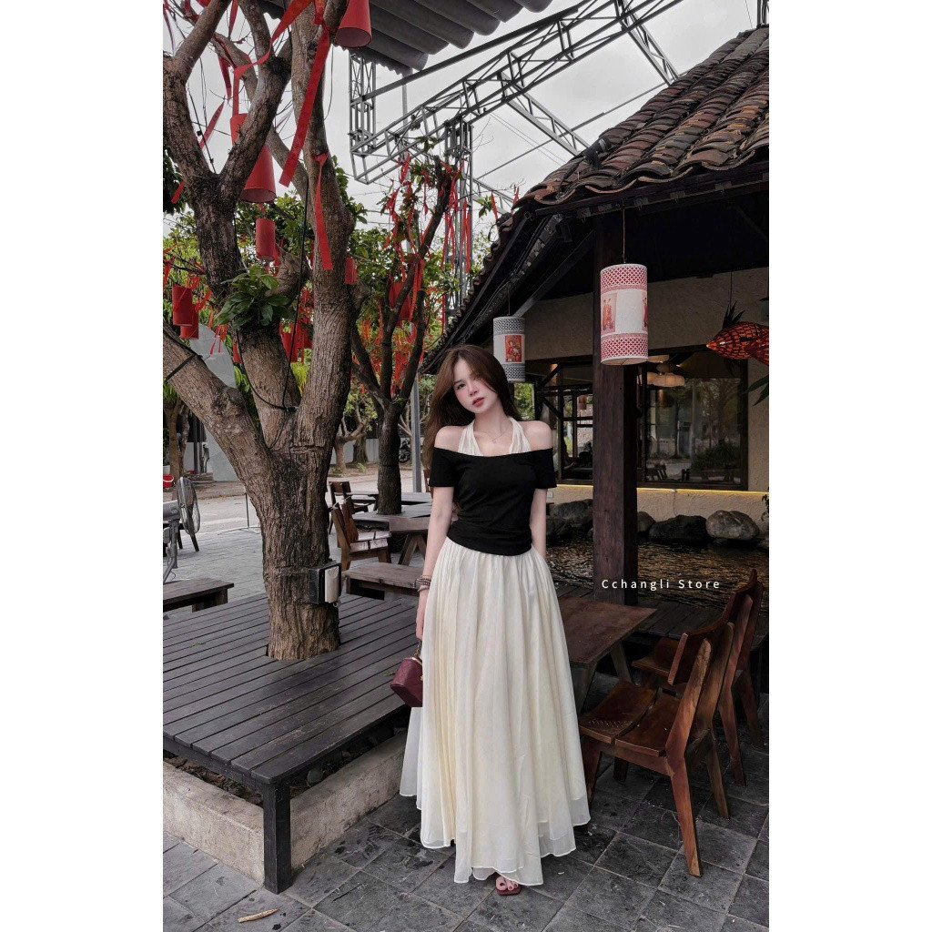 [Luna chọn] Set váy nữ công chúa áo đen phối chân váy trắng voan mềm mại dáng dài mặc đi chơi dạo phố cực trendy