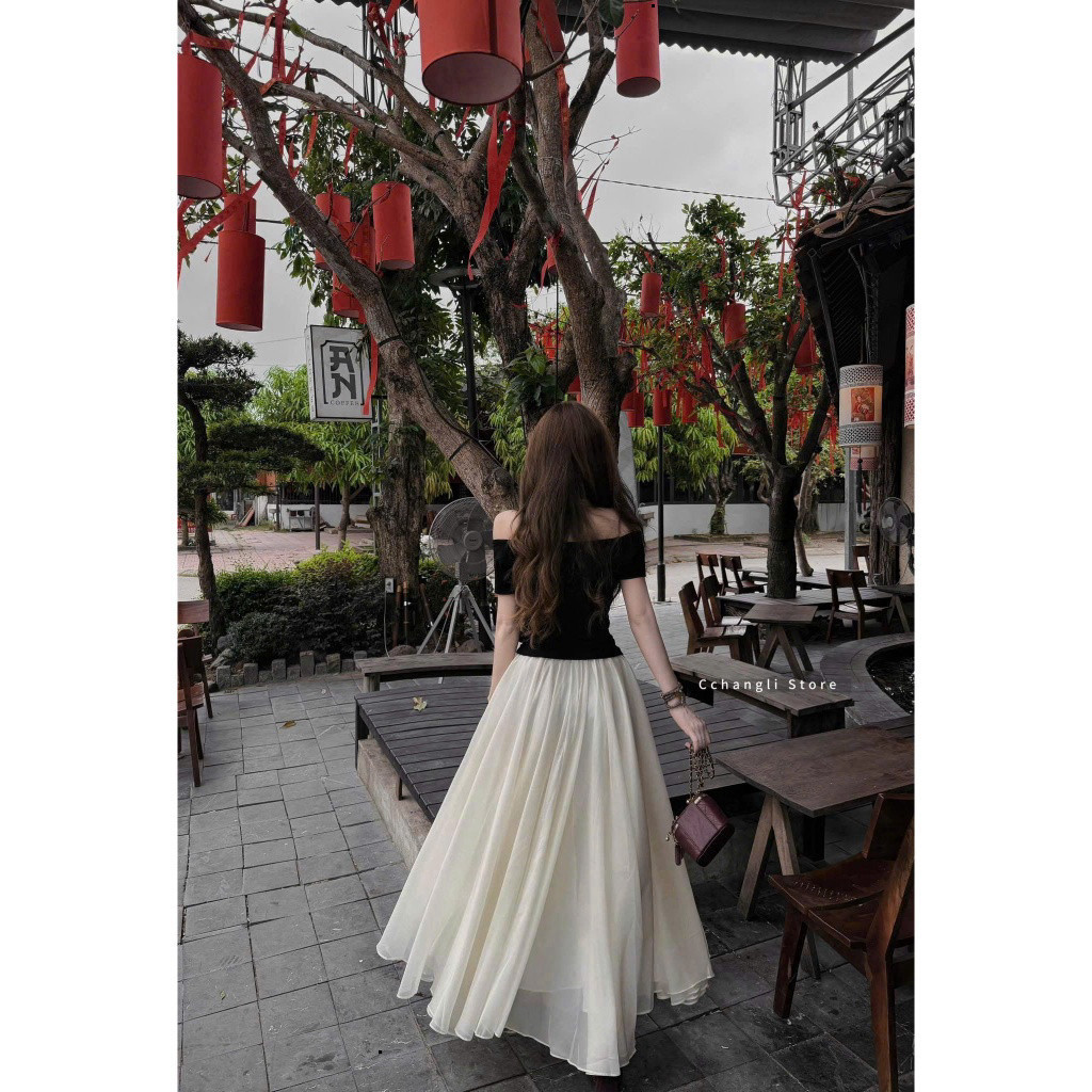 [Luna chọn] Set váy nữ công chúa áo đen phối chân váy trắng voan mềm mại dáng dài mặc đi chơi dạo phố cực trendy