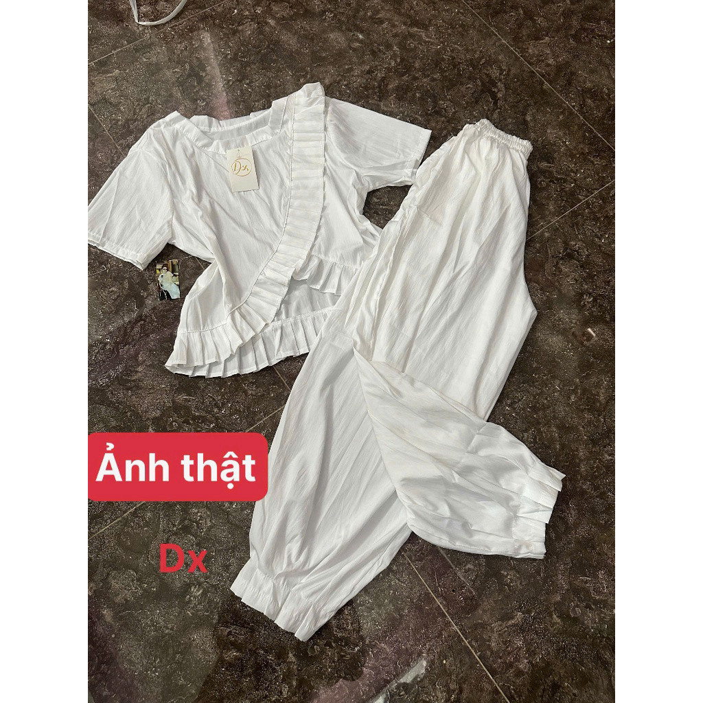 [Luna chọn] Set bộ thời trang nữ trẻ trung cá tính chất dù nhăn mát áo tay ngắn cổ tròn chéo bèo phối quần dài ống rộng