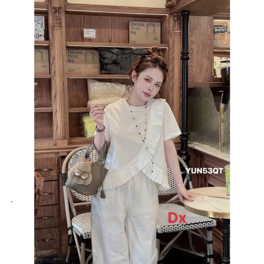 [Luna chọn] Set bộ thời trang nữ trẻ trung cá tính chất dù nhăn mát áo tay ngắn cổ tròn chéo bèo phối quần dài ống rộng
