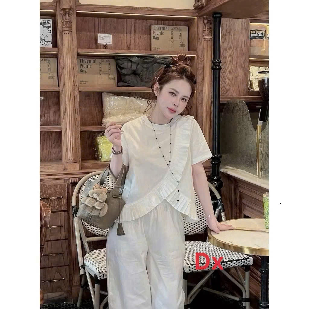 [Luna chọn] Set bộ thời trang nữ trẻ trung cá tính chất dù nhăn mát áo tay ngắn cổ tròn chéo bèo phối quần dài ống rộng