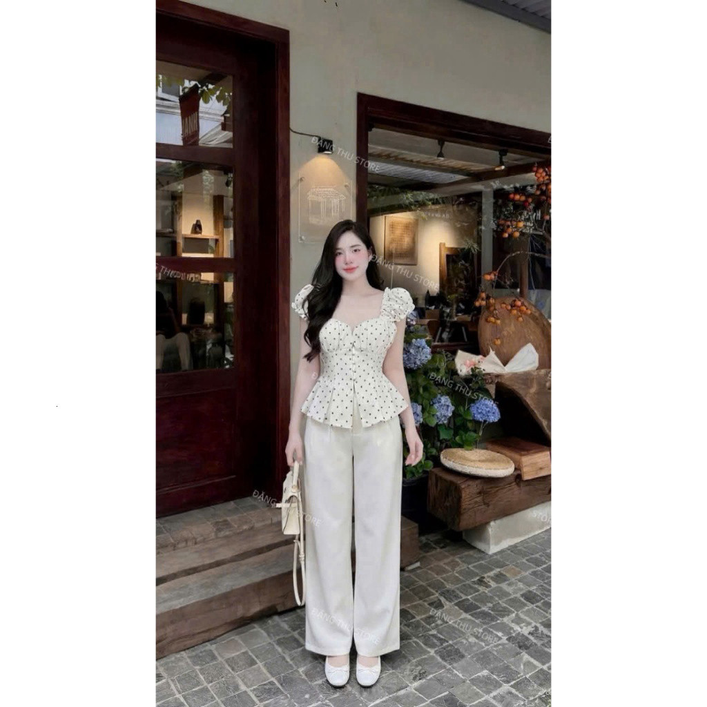 [Luna chọn] Set bộ thời trang nữ phong cách trẻ trung chất tuyết mưa mát áo tay búp cổ vuông in chấm bi nhỏ xinh phối qu