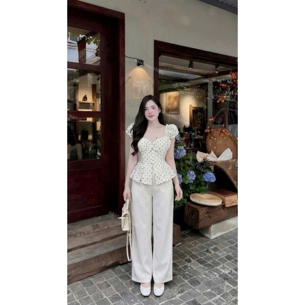 [Luna chọn] Set bộ thời trang nữ phong cách trẻ trung chất tuyết mưa mát áo tay búp cổ vuông in chấm bi nhỏ xinh phối qu