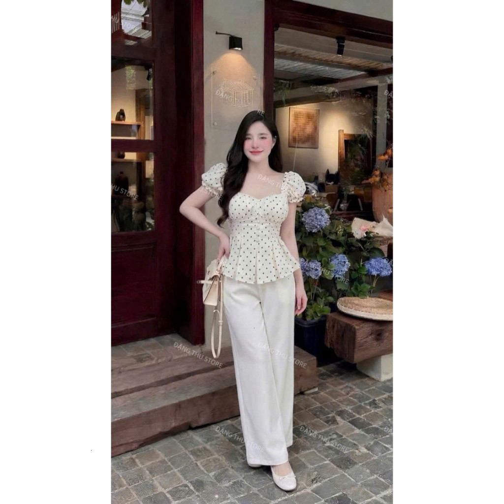 [Luna chọn] Set bộ thời trang nữ phong cách trẻ trung chất tuyết mưa mát áo tay búp cổ vuông in chấm bi nhỏ xinh phối qu