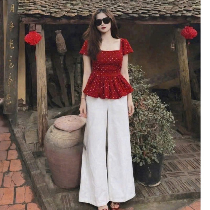 [Luna chọn] Set bộ thời trang nữ chất mango cổ vuông tay ngắn quần dài siêu xinh phù hợp cho các nàng mặc ssi dạo phố