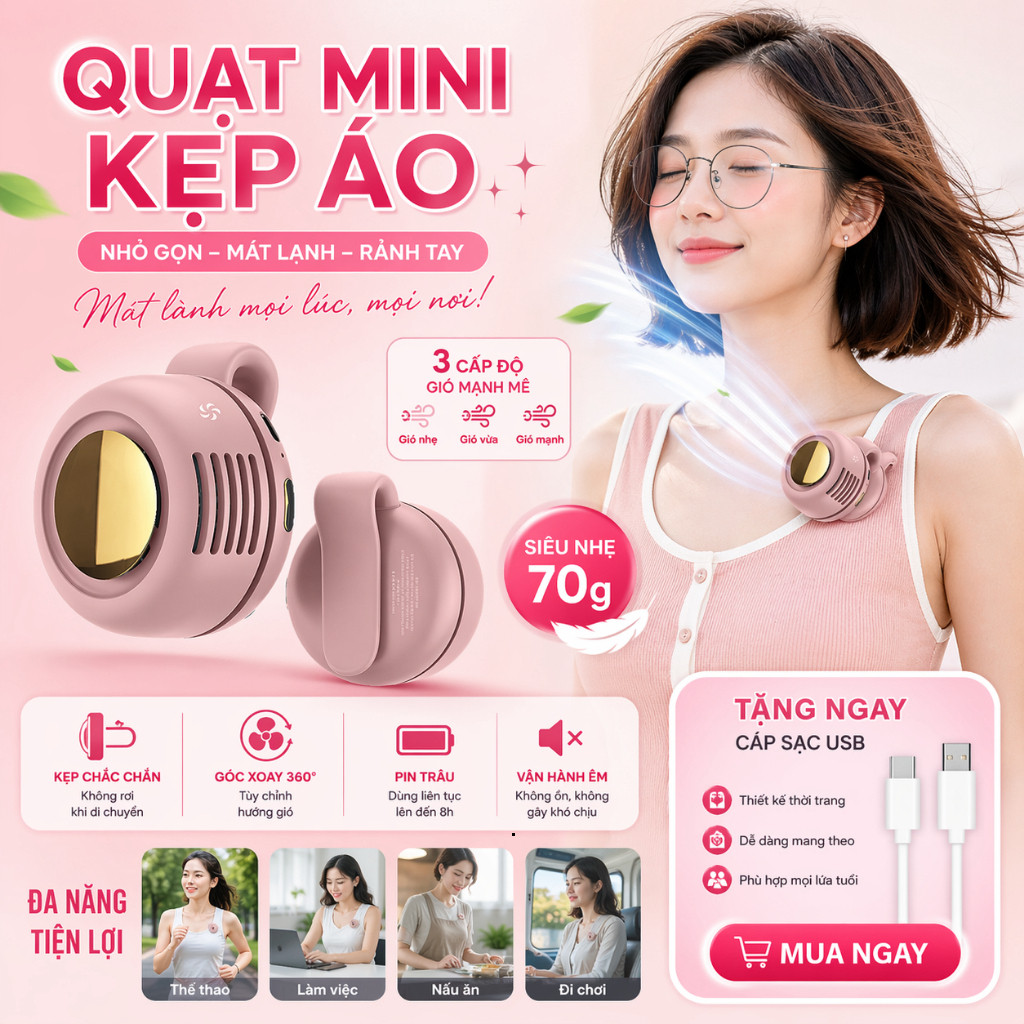 Quạt Kẹp Áo CYCLONE Mini Turbo USB – Quạt Đeo Eo/Đeo Người Siêu Mạnh, Pin Sạc, 3 Cấp Độ Gió