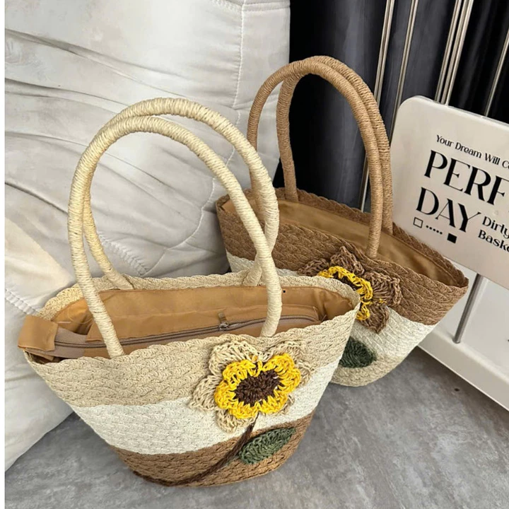 Túi cói đeo vai đi biển, túi du lịch size lớn, dây cói bản to đựng đồ cho mẹ và bé có khóa kéo, túi cói vẩy cá trơn phôi – 5