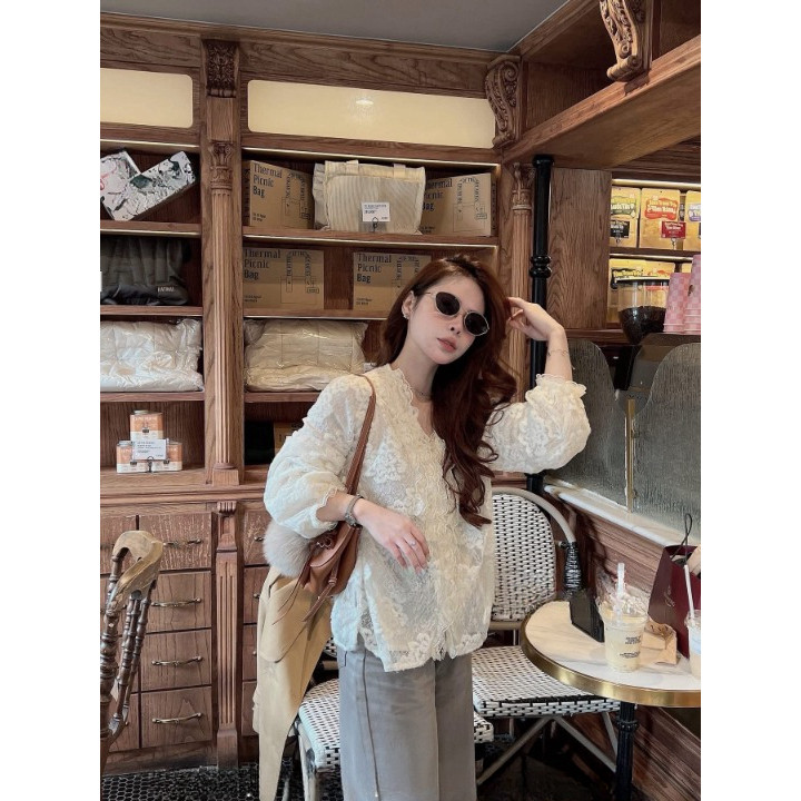 Áo kiểu ren tiểu thư tay dài bo chun bèo nhún vạt suông mặc đi học công sở đi làm phong cách lady style HCOM27087