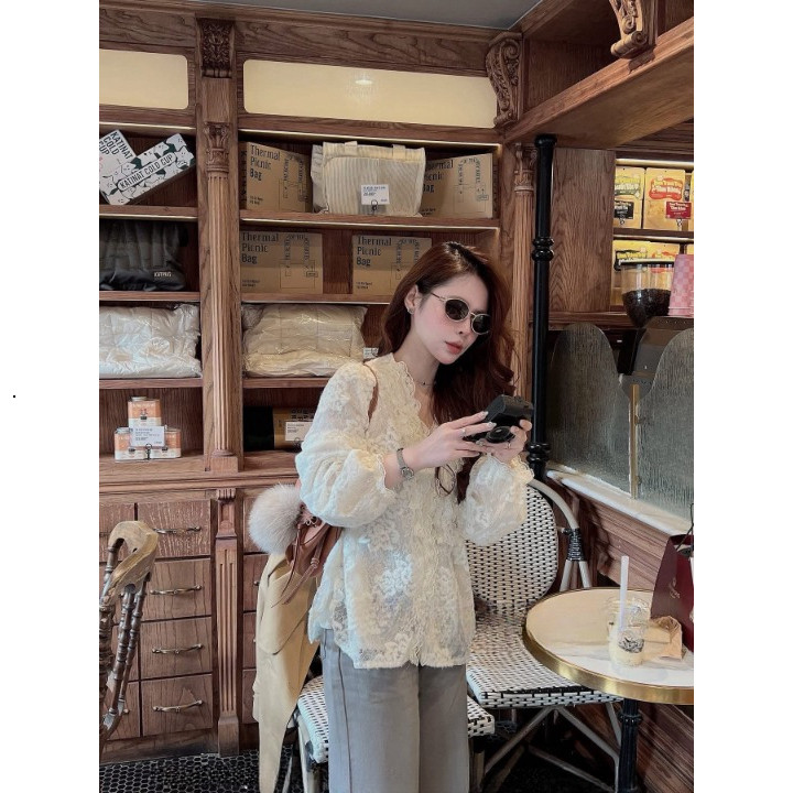 Áo kiểu ren tiểu thư tay dài bo chun bèo nhún vạt suông mặc đi học công sở đi làm phong cách lady style HCOM27087