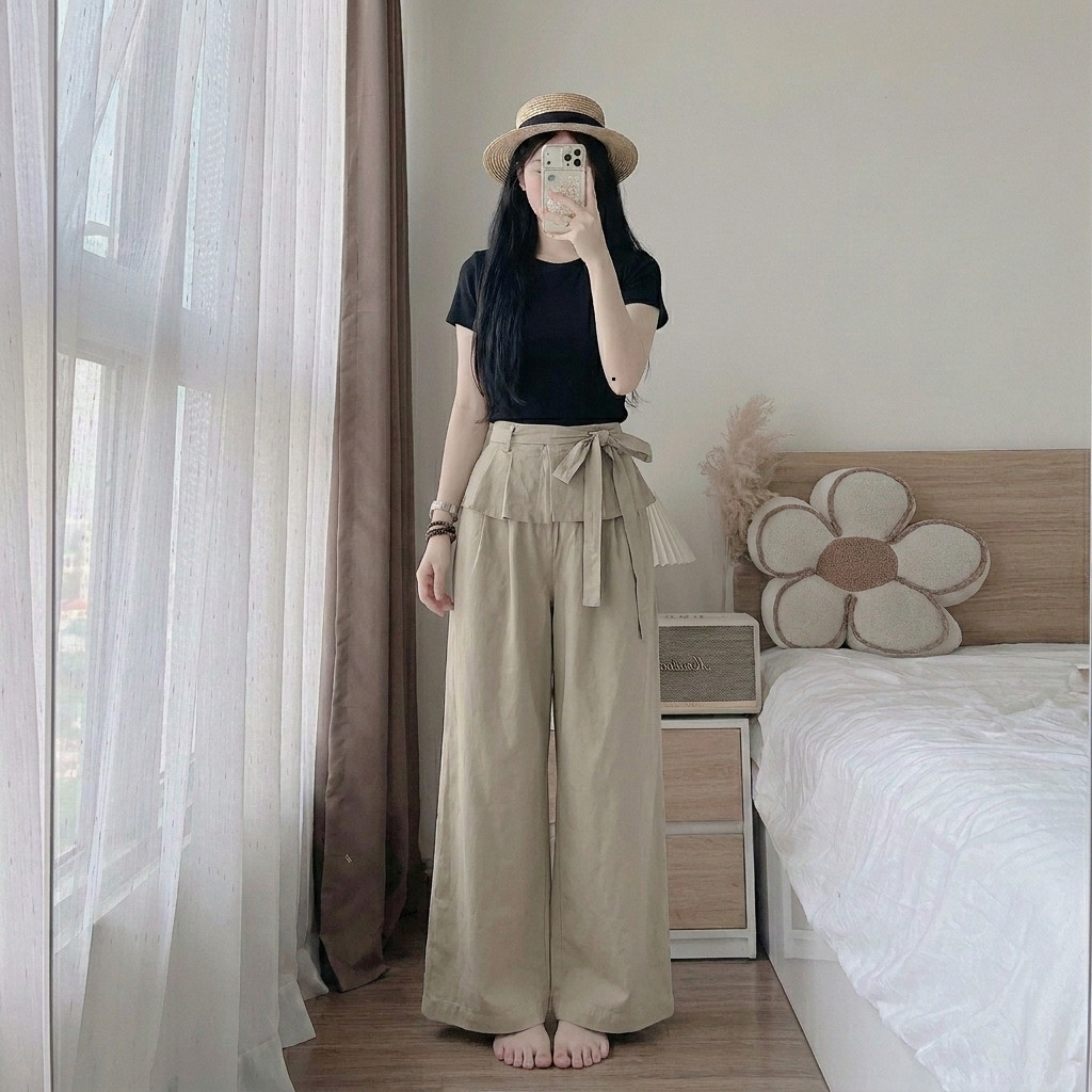 Set bộ nữ áo thun ôm phối quần dài ống rộng cạp lật thắt nơ cá tính phong cách Hàn Quốc HCOM27271