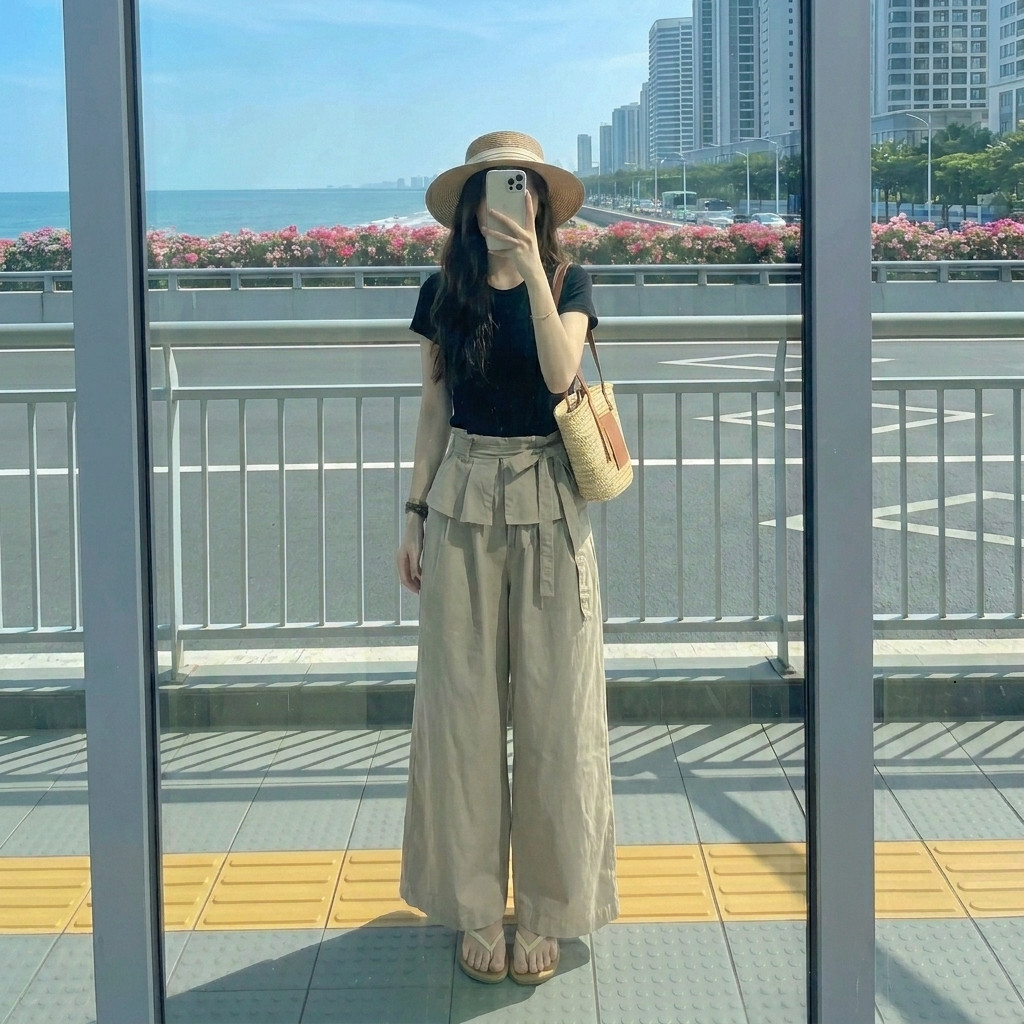 Set bộ nữ áo thun ôm phối quần dài ống rộng cạp lật thắt nơ cá tính phong cách Hàn Quốc HCOM27271