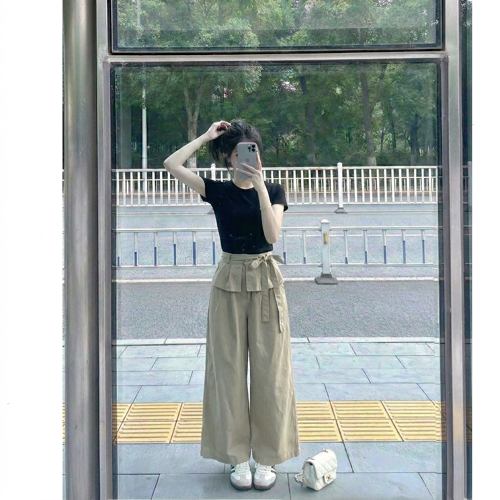 Set bộ nữ áo thun ôm phối quần dài ống rộng cạp lật thắt nơ cá tính phong cách Hàn Quốc HCOM27271