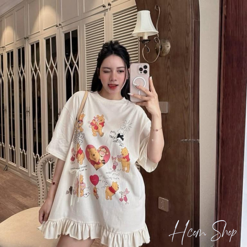 Đầm thun nữ dáng ngắn cổ tròn in hoạt hình gấu pooh dễ thương dáng rộng babydoll mặc nhà dạo phố HCOM26119