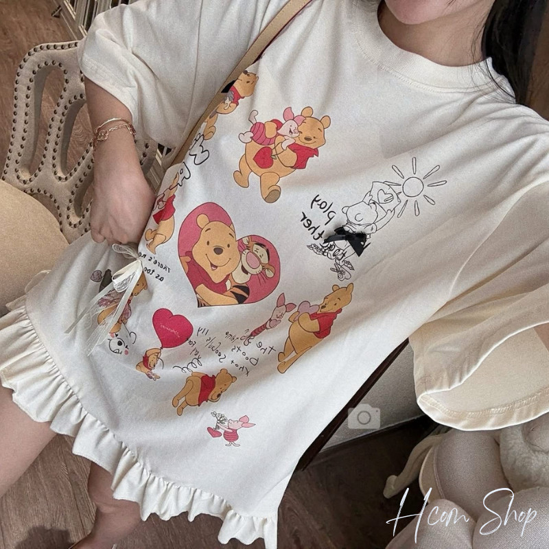 Đầm thun nữ dáng ngắn cổ tròn in hoạt hình gấu pooh dễ thương dáng rộng babydoll mặc nhà dạo phố HCOM26119