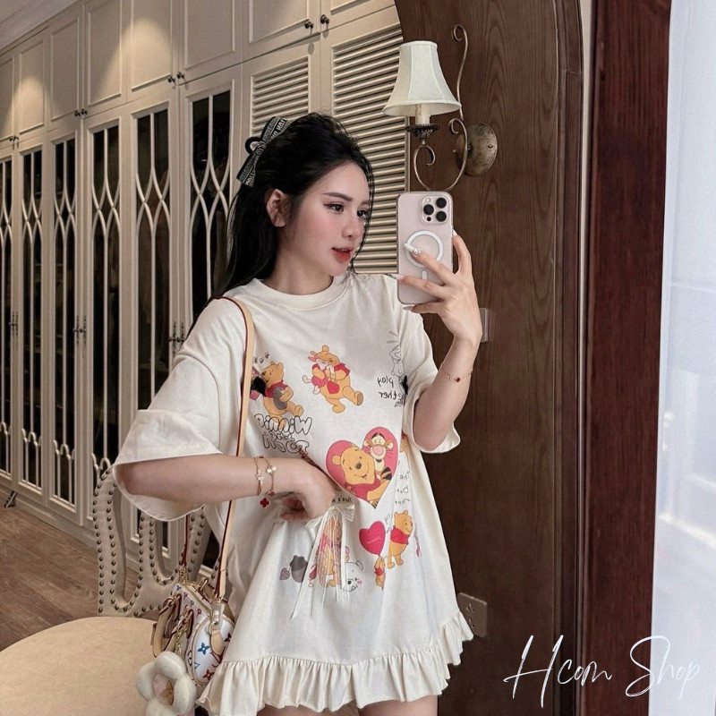 Đầm thun nữ dáng ngắn cổ tròn in hoạt hình gấu pooh dễ thương dáng rộng babydoll mặc nhà dạo phố HCOM26119