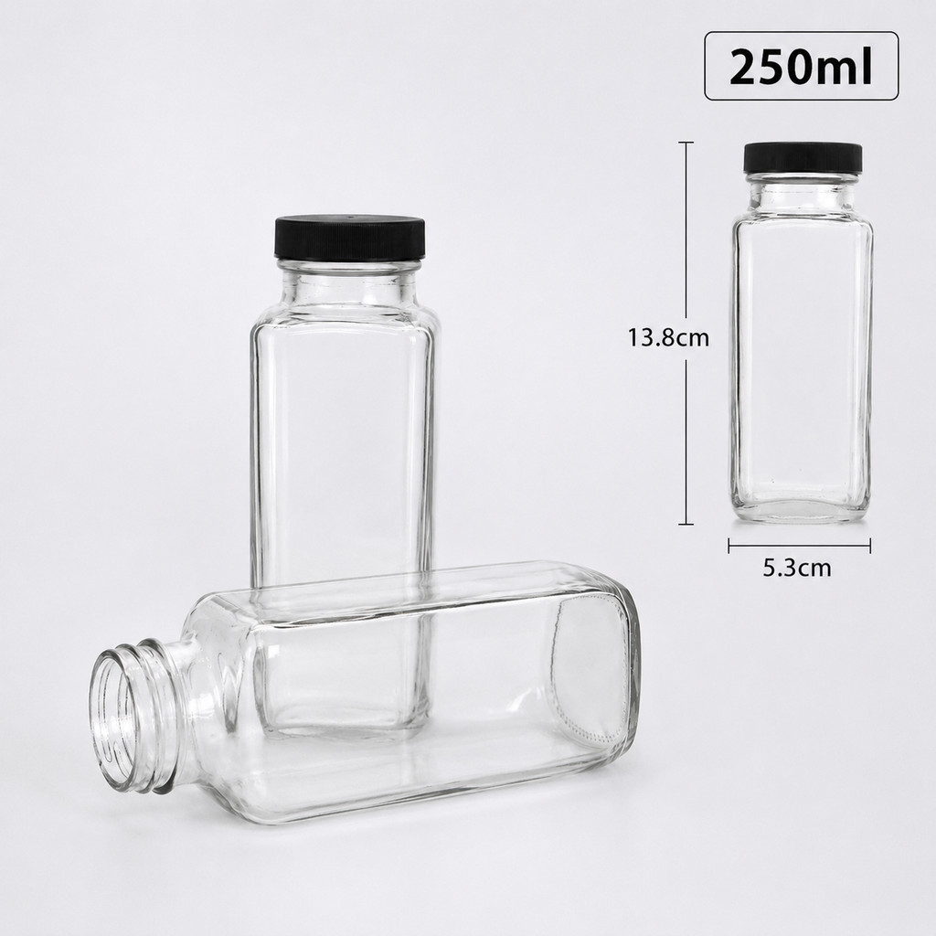 [Combo 4 - 6] Chai thủy tinh vuông cao nắp nhựa miệng rộng dung tích 250ml chất liệu an toàn bền bỉ phù hợp dựng nước ép