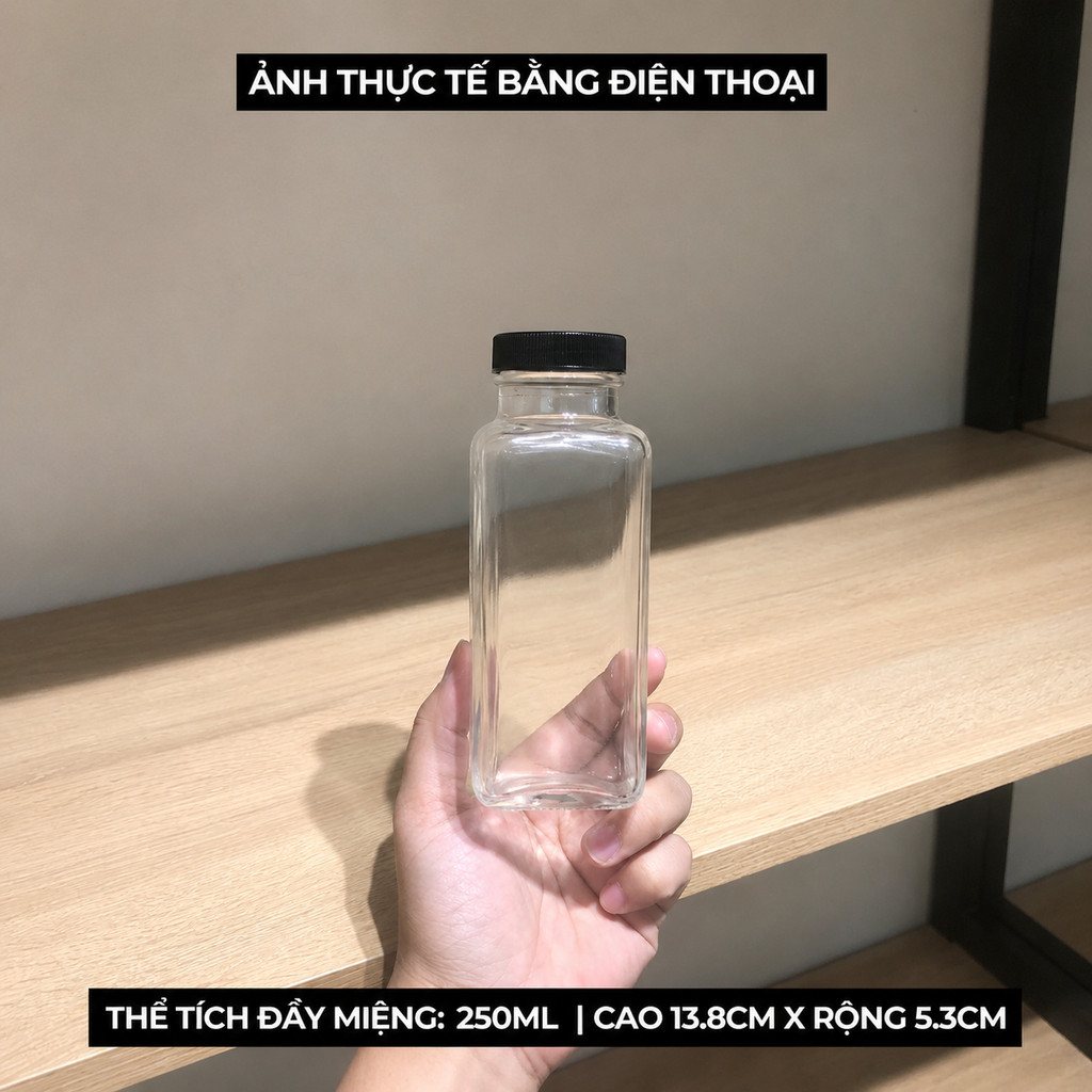 [Combo 4 - 6] Chai thủy tinh vuông cao nắp nhựa miệng rộng dung tích 250ml chất liệu an toàn bền bỉ phù hợp dựng nước ép