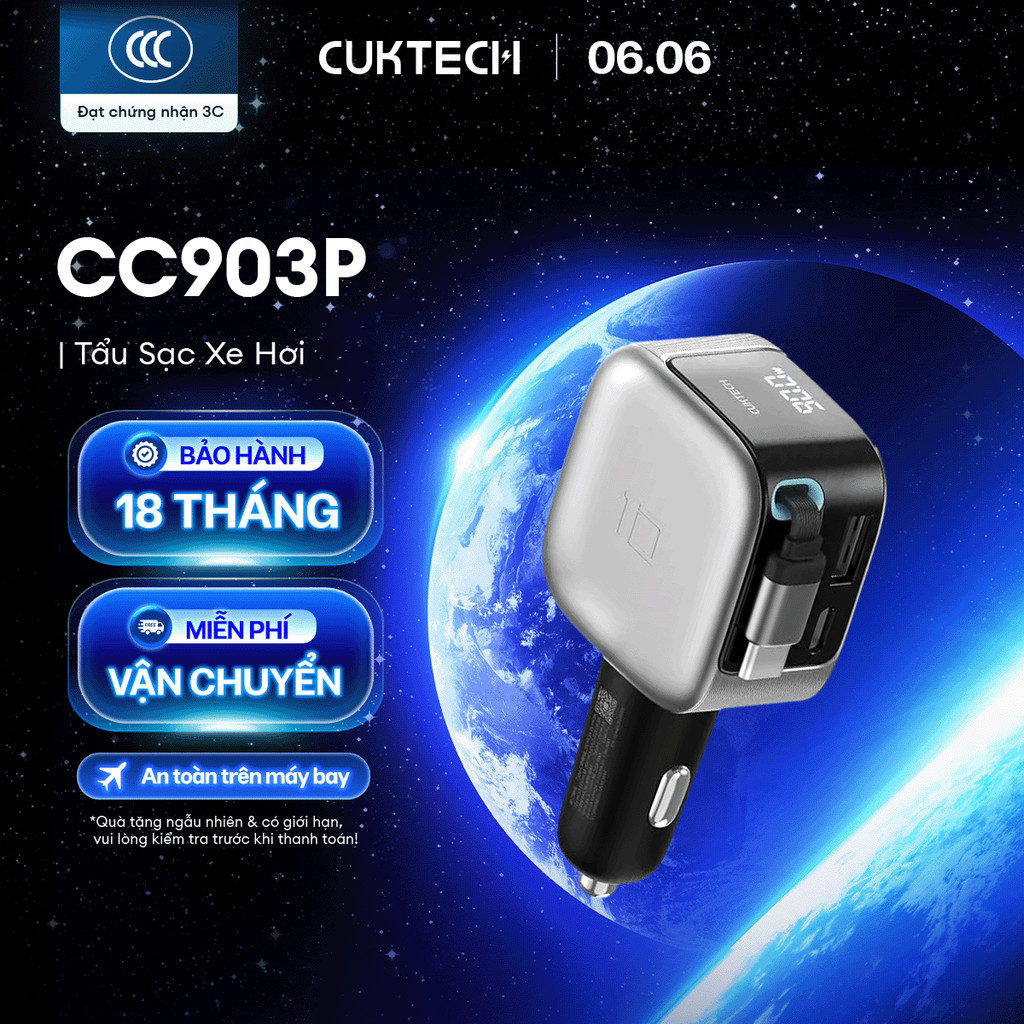Bộ Tẩu Sạc Xe Hơi CUKTECH CC903P Kèm Cáp C Rút Gọn | 2C1A Công Suất Sạc Max 100W | Bảo hành 18 Tháng