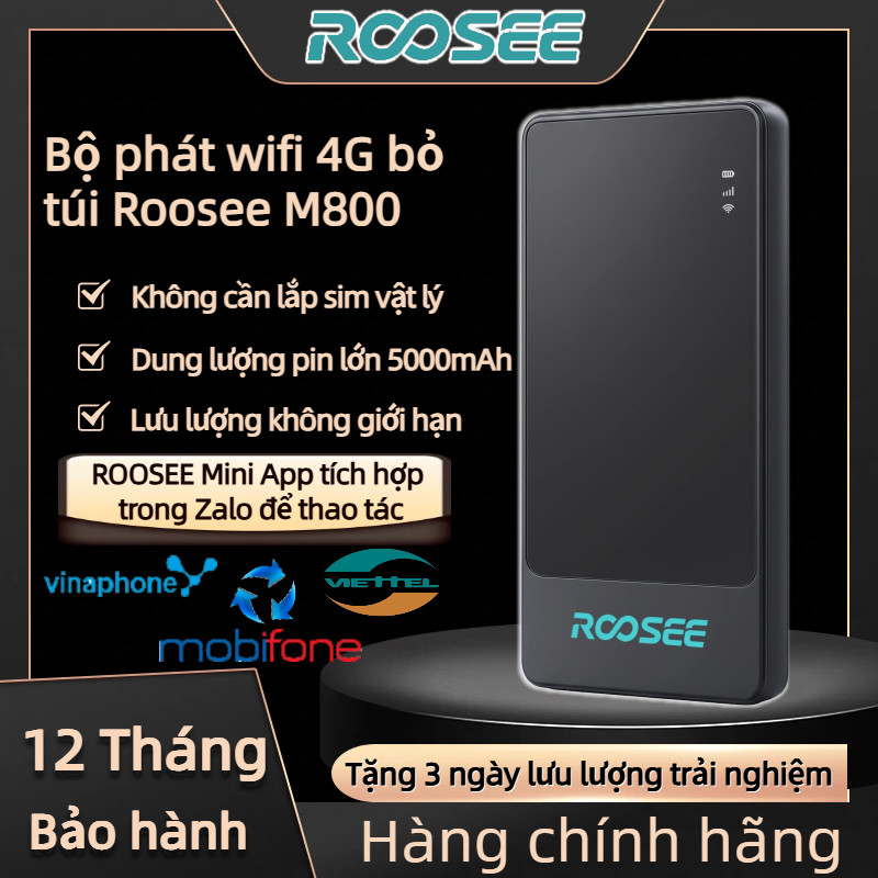 Bộ phát wifi 4G bỏ túi Roosee M800- không cần lắp sim, pin 5000mAh, ROOSEE mini app thao tác, ba nhà mạng chuyển đổi