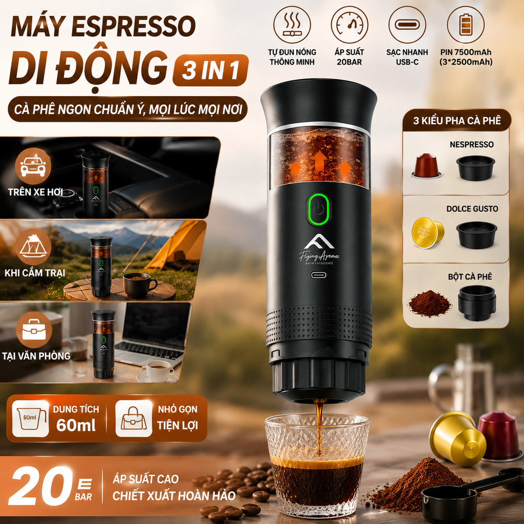 Máy Pha Cà Phê Espresso 20 Bar Không Dây 3 in 1 Tự Gia Nhiệt USB-C Tương Thích Nespresso Dolce Gusto