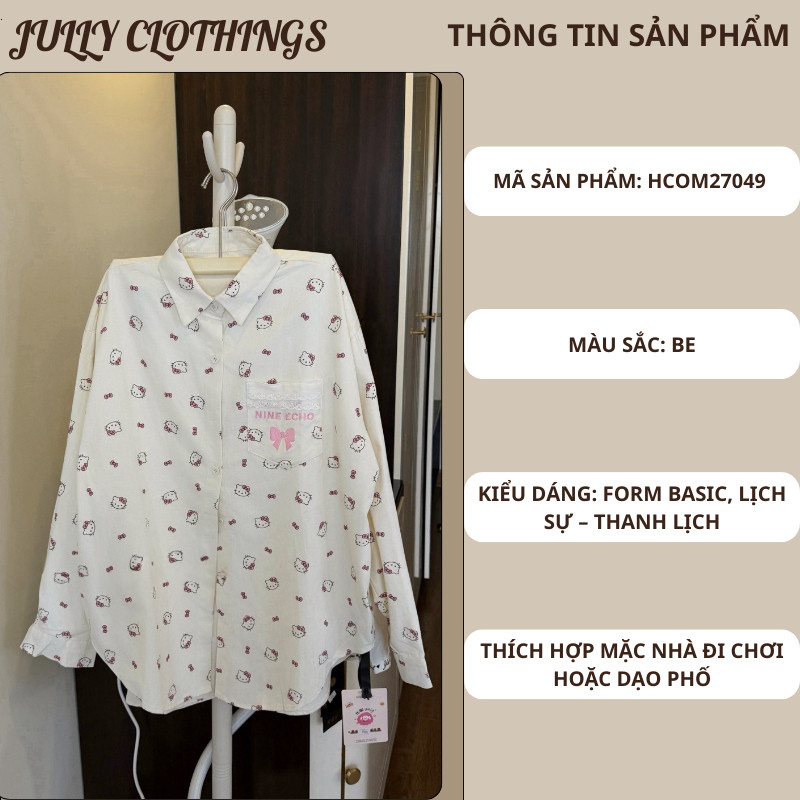 Áo sơ mi nữ tay dài họa tiết mèo phối túi ngực viền ren chất thô cotton dáng rộng phong cách Hàn Quốc HCOM27049