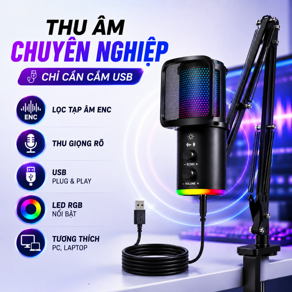 Micro-Micro Livestream, Thu Âm Chuyên Nghiệp SU9 - LED RGB-Lọc 99% Tạp Âm-Thu Âm 360 Độ-BH12T