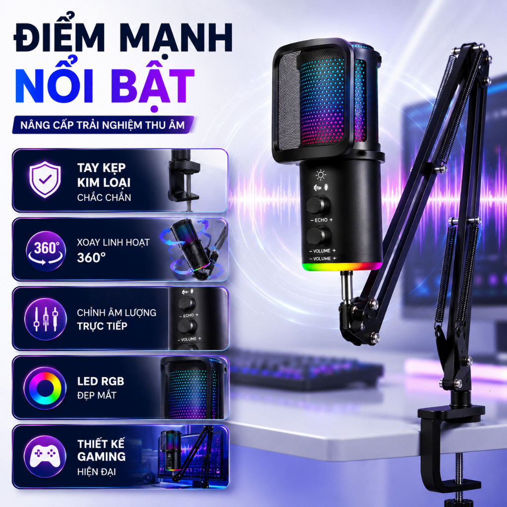 Micro-Micro Livestream, Thu Âm Chuyên Nghiệp SU9 - LED RGB-Lọc 99% Tạp Âm-Thu Âm 360 Độ-BH12T
