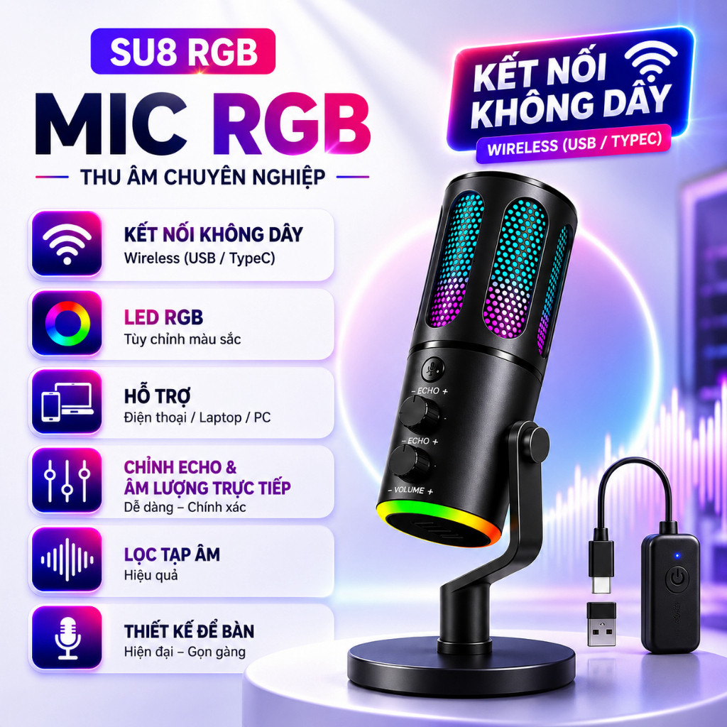 Micro-Micro Livestream, Thu Âm Chuyên Nghiệp SU9 - LED RGB-Lọc 99% Tạp Âm-Thu Âm 360 Độ-BH12T