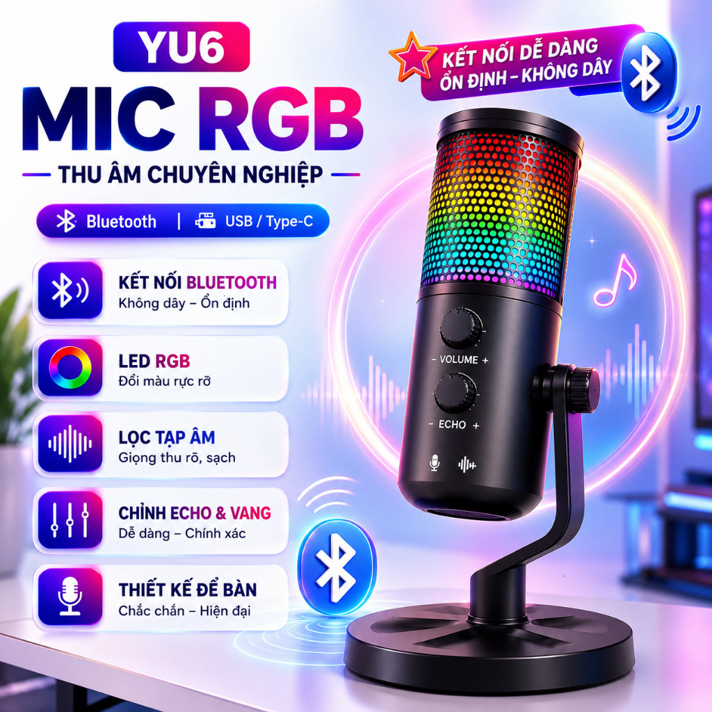 Micro-Micro Livestream, Thu Âm Chuyên Nghiệp SU9 - LED RGB-Lọc 99% Tạp Âm-Thu Âm 360 Độ-BH12T