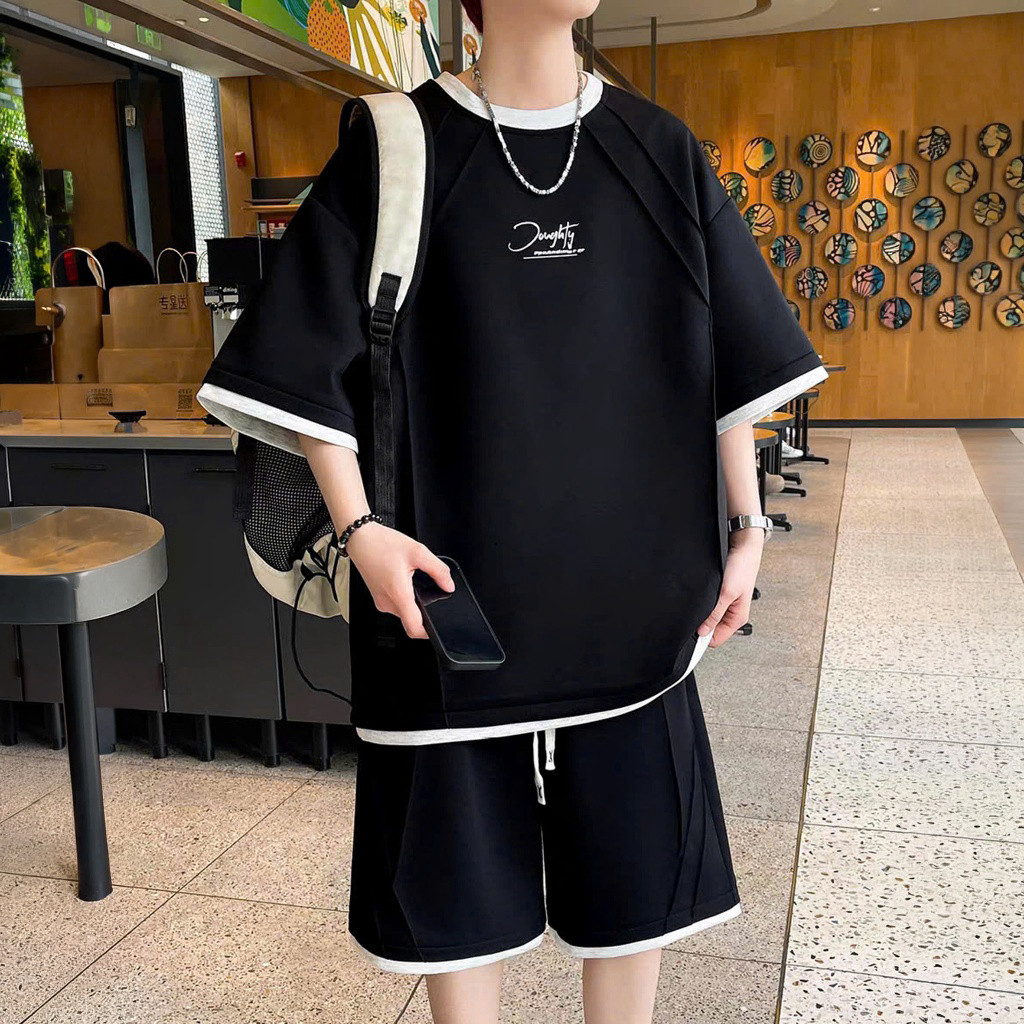 Bộ Quần Áo Thun Nam Nữ Mùa Hè Dáng Rộng Phối Viền Unisex Mặc Thoải Mái Rã Gân Nổi Cá Tính