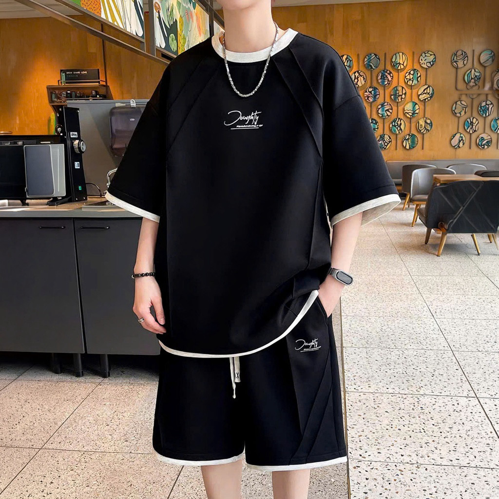 Bộ Quần Áo Thun Nam Nữ Mùa Hè Dáng Rộng Phối Viền Unisex Mặc Thoải Mái Rã Gân Nổi Cá Tính