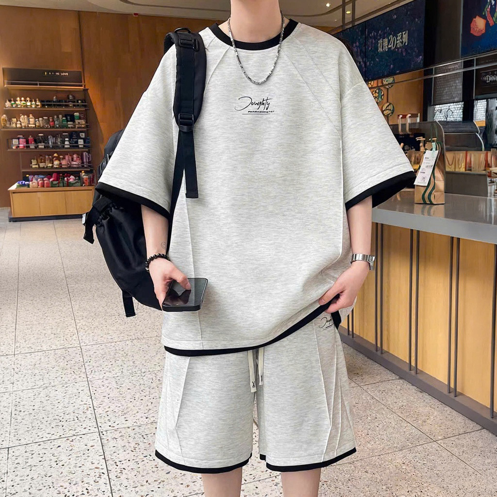 Bộ Quần Áo Thun Nam Nữ Mùa Hè Dáng Rộng Phối Viền Unisex Mặc Thoải Mái Rã Gân Nổi Cá Tính