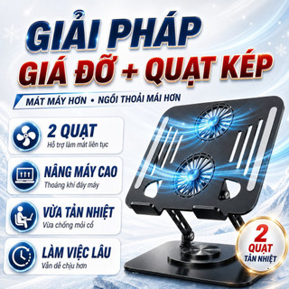 Đế tản nhiệt laptop 2 quạt CONNECT giá đỡ hợp kim nhôm nâng hạ độ cao, xoay 360, màu đen bạc