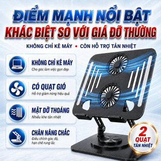 Đế tản nhiệt laptop 2 quạt CONNECT giá đỡ hợp kim nhôm nâng hạ độ cao, xoay 360, màu đen bạc