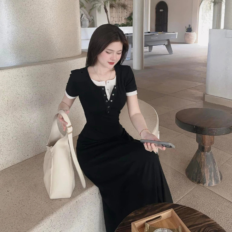 Váy maxi thun gân cộc tay phối viền đầm dáng dài ôm eo xòe chữ a chất thun dày mịn đi du lịch HCOM25848