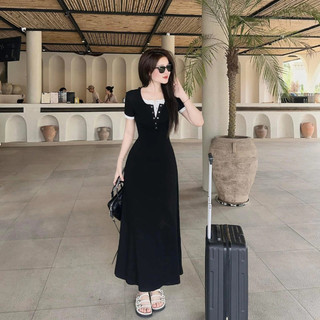 Đầm cộc tay dáng dài phối viền cổ khuy trước váy thun gân suông nhẹ ôm eo tôn dáng sang chảnh HCOM25848