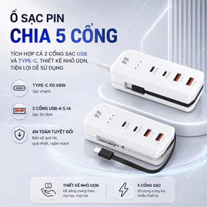 Bộ Sạc 5 Cổng USB Type C, Ổ Cắm Sạc Điện Thoại 5 Trong 1 Sạc 20W An Toàn, Tiện Dụng Tương Thích Với Nhiều Thiết Bị