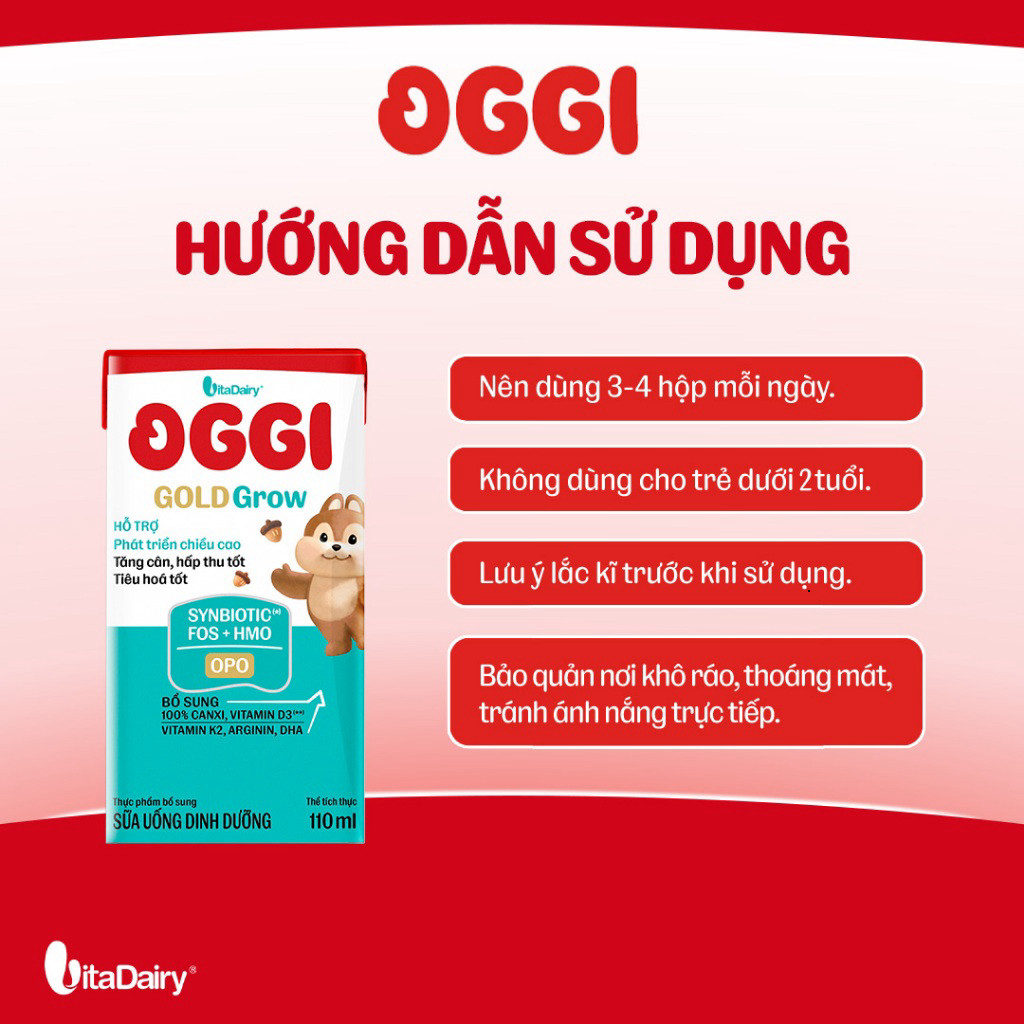 [THÙNG 24 HỘP] Sữa Oggi Gold Grow phát triển chiều cao, hỗ trợ hấp thu - Hộp 110ml/180ml