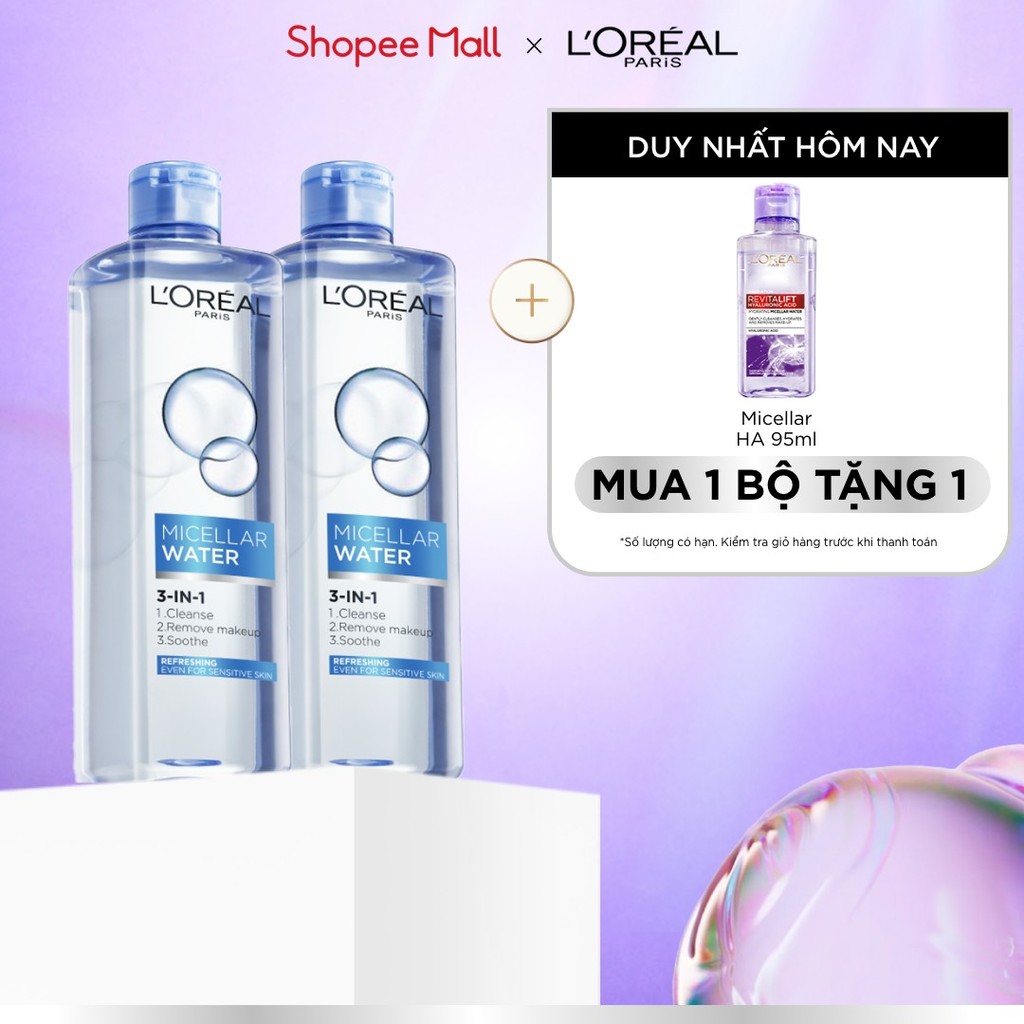 VB _ Bộ đôi nước tẩy trang giúp làm sạch sâu 3-in-1 L'Oreal Paris Micellar Water (400ml x2)