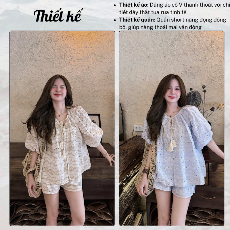 Đồ bộ nữ mặc đi chơi áo kiểu dáng rộng babydoll thêu đục lỗ phối quần short ngắn set bộ nữ xinh xắn HCOM27229
