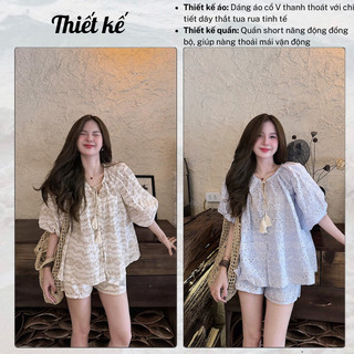 Set quần áo nữ hoa nhí thêu lỗ áo kiểu cổ nơ tay lửng quần đùi ống rộng đồ bộ nữ đi biển HCOM27229