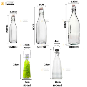 Chai thuỷ tinh BlingBox - 04 Chai Lọ Thủy Tinh Nắp Gài Cài Vuông Tròn 250Ml 500Ml 1000Ml 1L Kín Hơi Dày Nặng |Bình Thũy