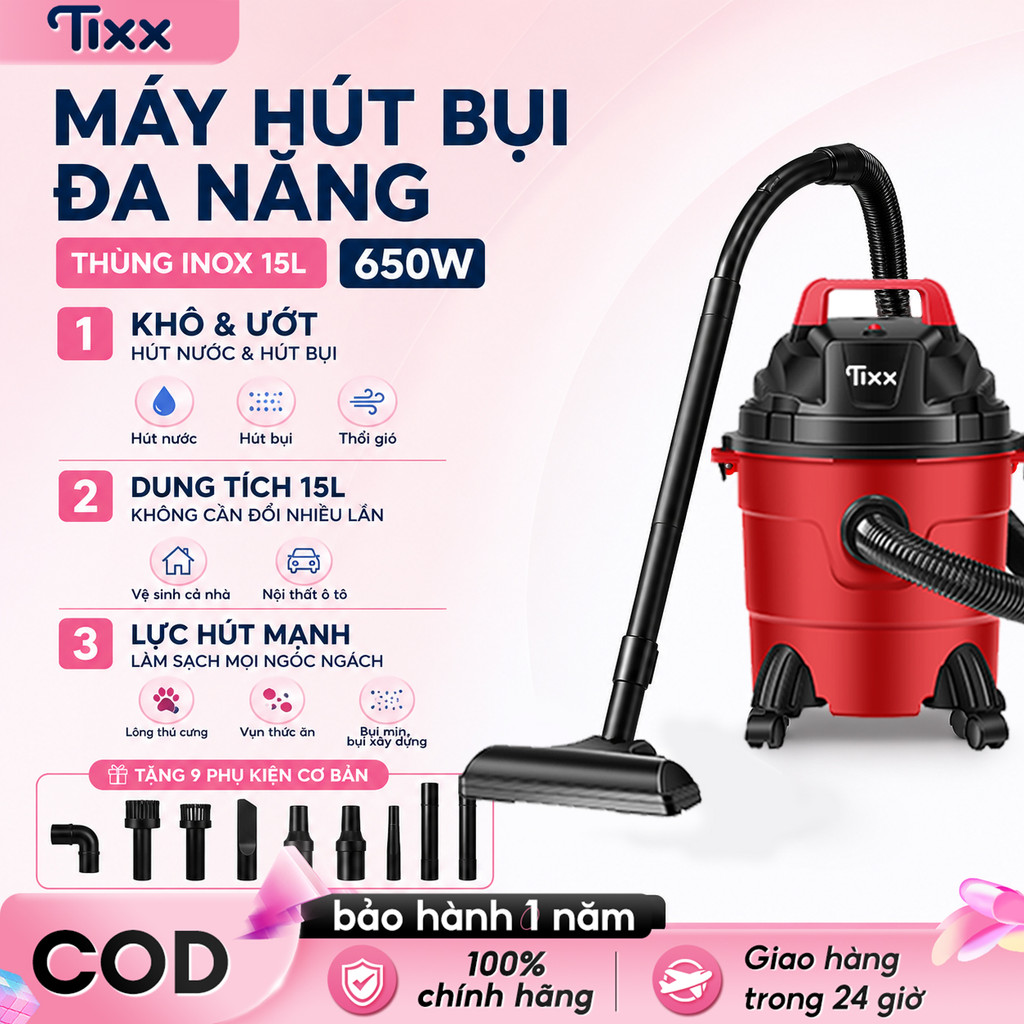TIXX máy hút bụi thùng 650W khô ướt và thổi gió 15L  máy hút bụi chân không