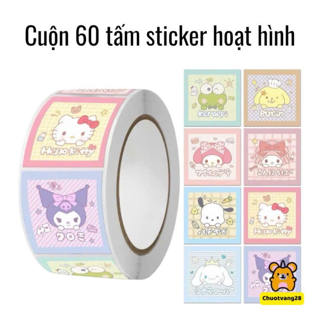 Cuộn 60 miếng dán hoạt hình ngộ nghĩnh tem dán sticker gói hàng phụ kiện quà tặng