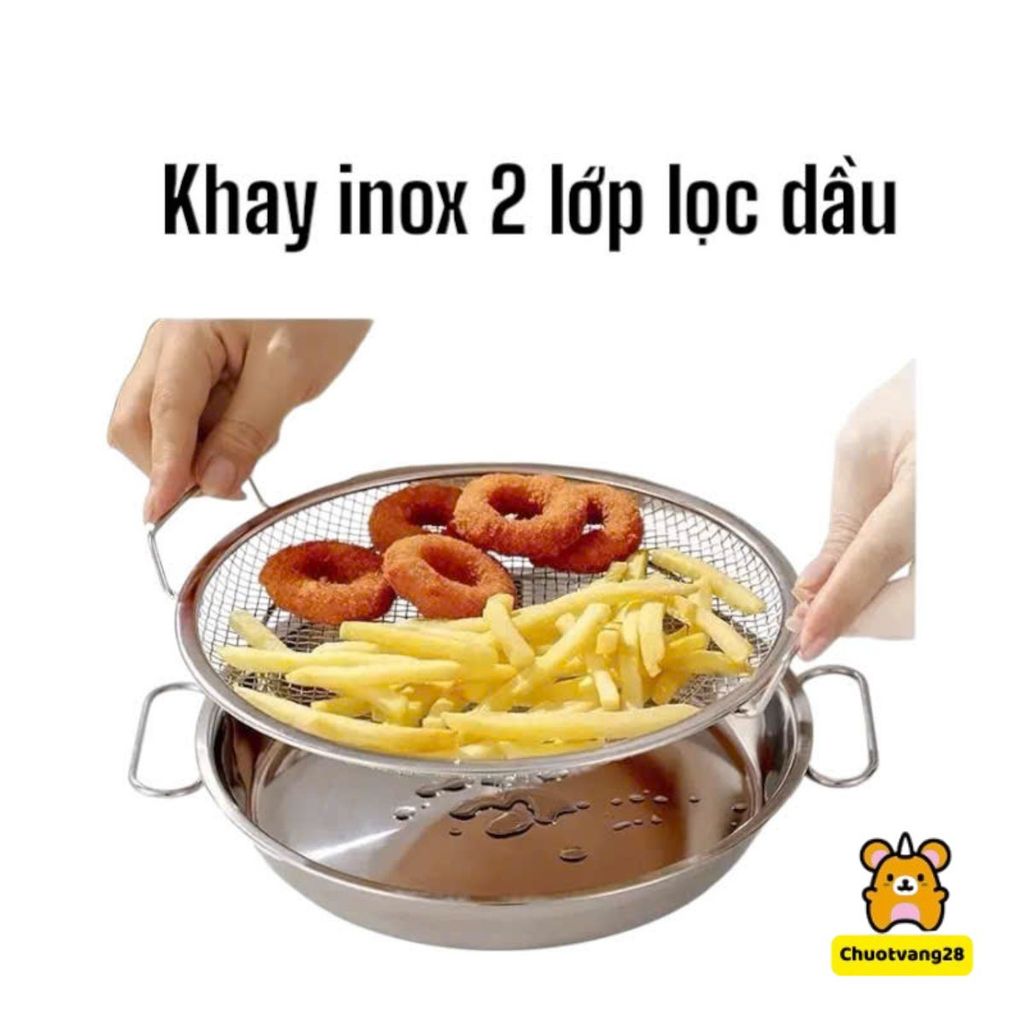 Set Khay Kèm Đĩa, Vỉ Lưới Lọc Dầu Chất Liệu INOX 304 Cao Cấp, Đựng Ráo Dầu Thức Ăn Chiên Rán Lọc Dầu