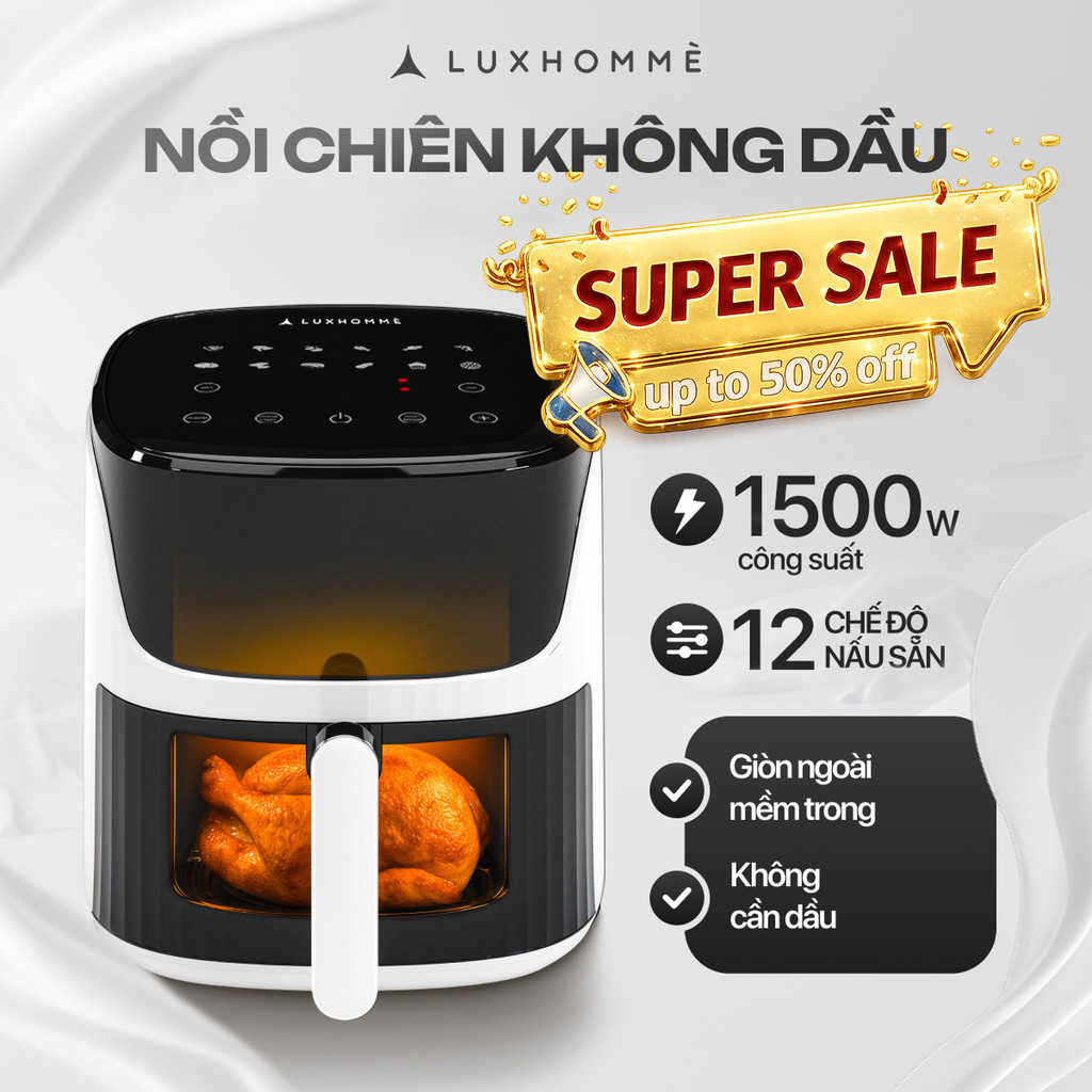 Nồi Chiên Không Dầu Điện Tử LUXHOMME | Dung Tích 5.5L,12 Chế Độ | 1500W Công Nghệ Khí Nóng 360°