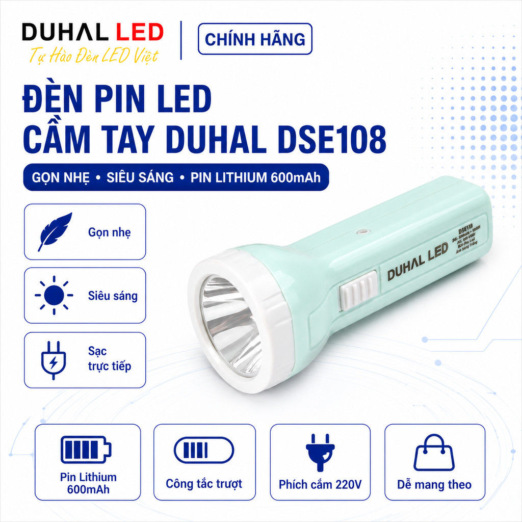 Đèn pin siêu sáng pin trâu cầm tay mini, chống nước, gọn nhẹ - Duhal DSE108